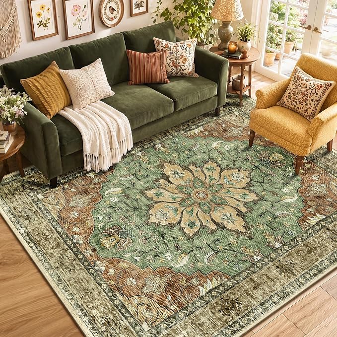 RELEANY Area Rugs 6'x9' Washable Non-Slip, Floral Vintage Distress Medallion Carpet for Living Room Bedroom Dining Room, Terracotta Burnt Orange Green