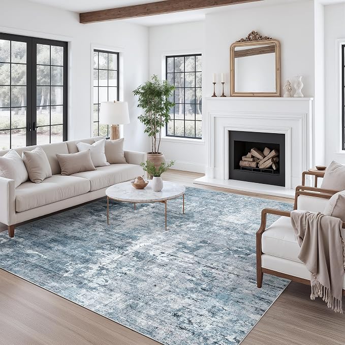 Soalmost Abstract Rug 8x10 Large Living Room Area Rugs Washable Blue/Grey | Modern Non-Slip Carpet for Dining Bedroom, Stain Resistant Foldable Thin Low Pile Floor Mat Under Table Home Office Decor