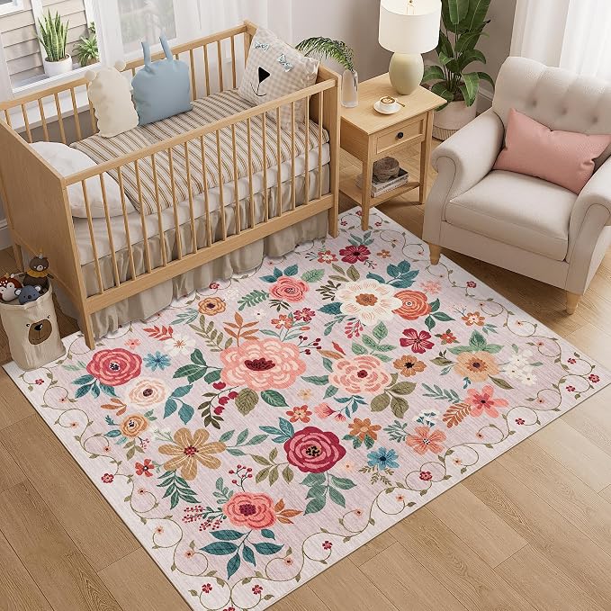DUKINO 4x5 Area Rug for Entryway, Soft Floral Washable Rug Non Slip, Beige | Low Pile, Non-Shedding Indoor Carpet for Bedroom, Kitchen, Living Room, Nursery, Pet Friendly, Stain Resistant, Home Decor