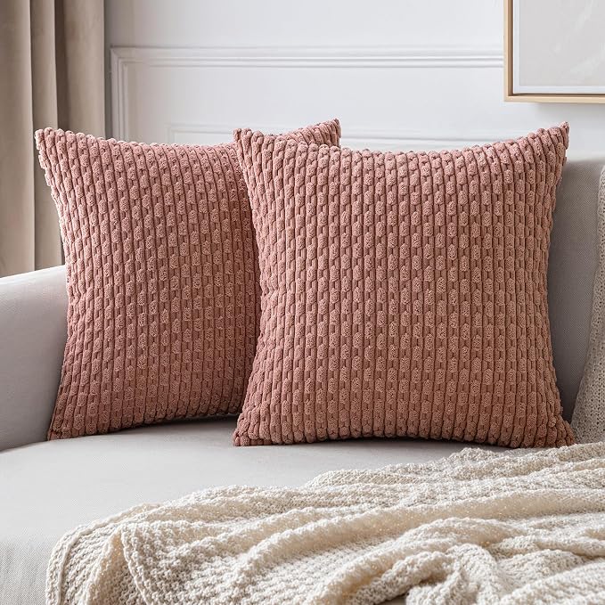 MIULEE Euro Sham Decorative Throw Pillow Covers 24x24 Blush Pink Corduroy | Textured Striped Pack of 2 Striped Pillow Covers Modern Farmhouse Home Decor for Couch Bed Sofa Living Room