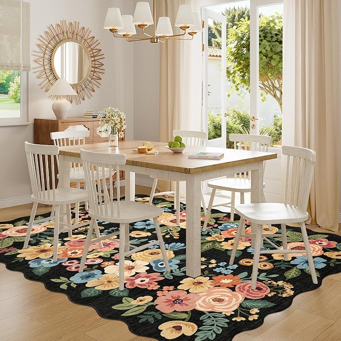 DUKINO 6x9 Area Rugs, Floral Washable Rug for Living Room Non Slip, Black | Low Pile, Stain Resistant, Soft Indoor Large Rugs for Bedroom, Dining Room, Kids Playroom, Nursery, Pet Friendly, Home Decor