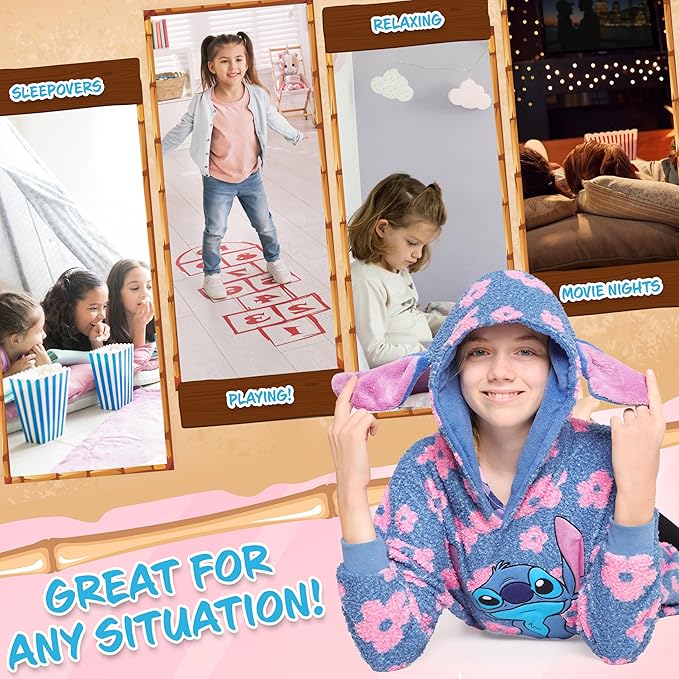 Disney Stitch Fleece Hoodie Blanket for Kids and Teenagers - One Size Fluffy Oversized Hoodie - Stitch Gifts