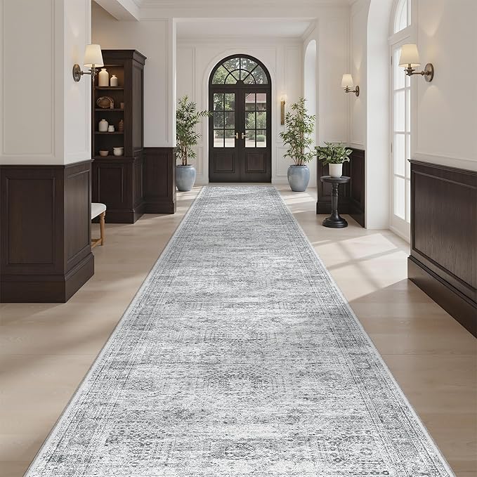 Soalmost Washable Hallway Runner Rug 3x16 Kitchen Entry Rugs Non-Slip, Grey | Vintage Extra Long Runners 16ft for Bathroom Entryway, Foldable Low-Pile Wide Floor Carpet for Corridor Living Room Bedroom