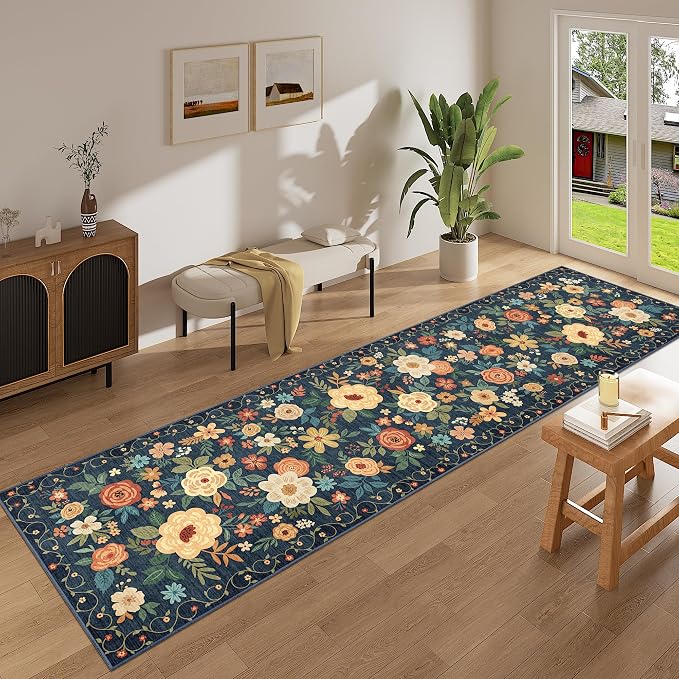 DUKINO 2.6x10 Hallway Runner Rug Washable Kitchen Rugs Non Slip, Navy Blue | Soft, Low Pile, Floral Indoor Floor Rug Runner for Entryway, Bedroom, Bathroom, Laundry, Pet Friendly, Home Decor, Ultra-Thin