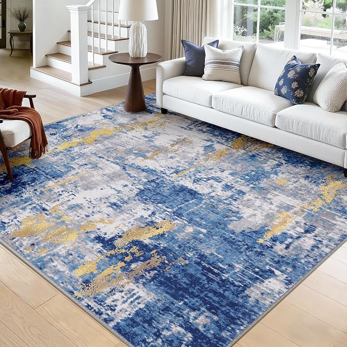 RELEANY Washable Square 9'x9' Area Rug for Living Room Blue Gold | carpet for bedroom, kitchen, office, hallway and entryway, printed pattern, non-slip, soft, stain-resistant, easy to clean