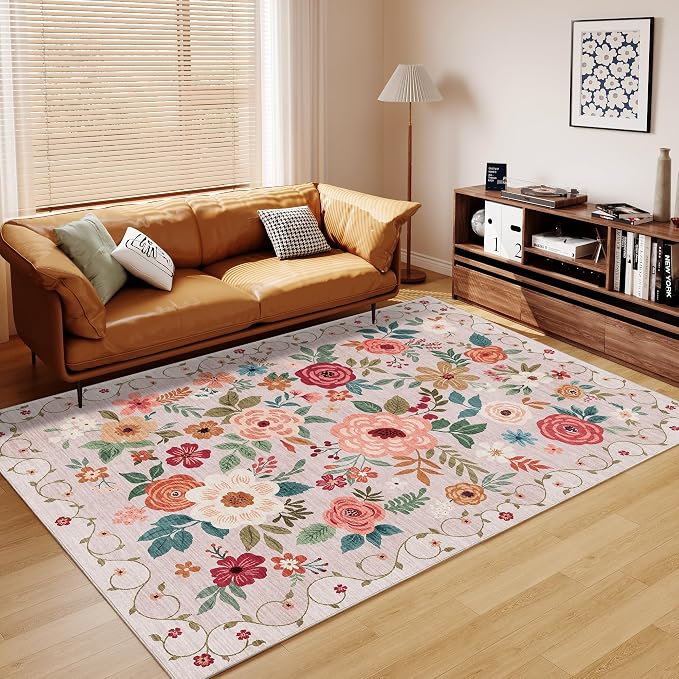 DUKINO 6x9 Area Rugs, Floral Washable Rug for Bedroom Non Slip, Beige | Soft, Low Pile, Large Indoor Rug for Living Room, Dining Room, Kids Room, Office, Pet Friendly, Home Decor, Stain Resistant