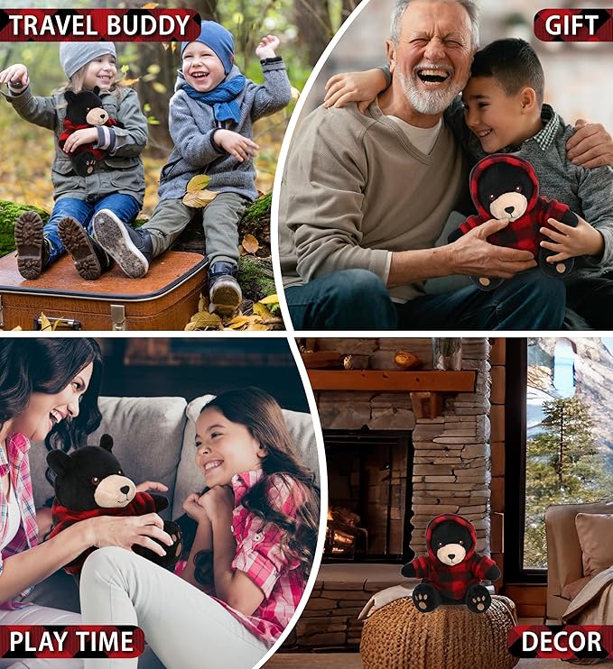 DolliBu Super Soft Black Bear Stuffed Animal with Plaid Red Hoodie Sweater and Personalization - Bear Plush Lumberjack Stuffed Toy with Plaid Jacket Dress Up for Christmas, Holiday, Winter - 6 Inches
