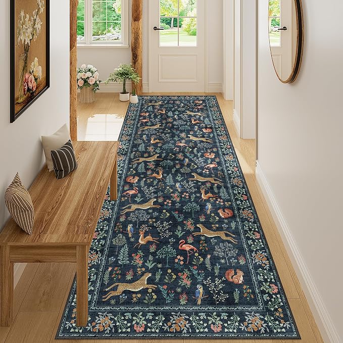 DUKINO 3x8 Runner Rug, Animal Washable Runner Rug for Kitchen, Navy Blue | Non Slip, Low Pile, Soft Indoor Carpet Runner for Hallway, Entryway, Bedroom, Bathroom, Laundry, Pet Friendly, Non-Shedding