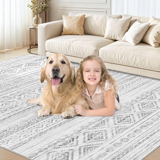 cotiled 9x12 Area Rugs Living Room Rug: Washable Boho Rugs with Non Slip Backing Large Soft Indoor Stain Resistant Carpet for Bedroom Farmhouse Dining Room Lightweight Home Decor Light Grey