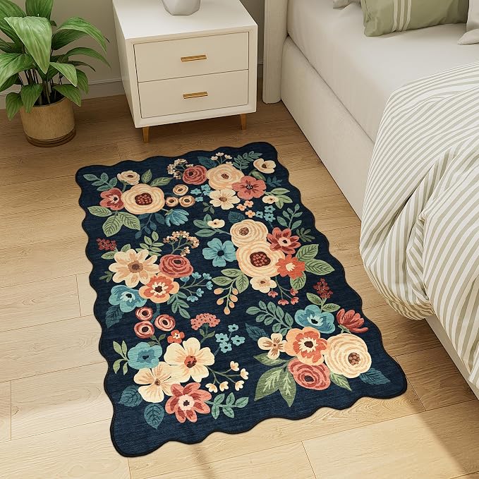 DUKINO 2x3 Rug for Entryway, Floral Door Mat Washable Rug, Navy Blue | Non Slip, Low Pile, Soft Small Rugs for Kitchen, Entrance, Bedroom, Bathroom, Laundry, Pet Friendly, Non-Shedding, Home Decor