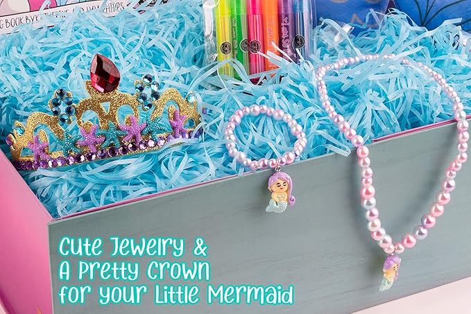 The Memory Building Company Kids Mermaid Surprise Box for Girls & Boys, Includes Plush, Coloring Book + Markers, Jewelry, Crown Headband, Birthday Toys Easter Basket Stuffers Age 6 & Up