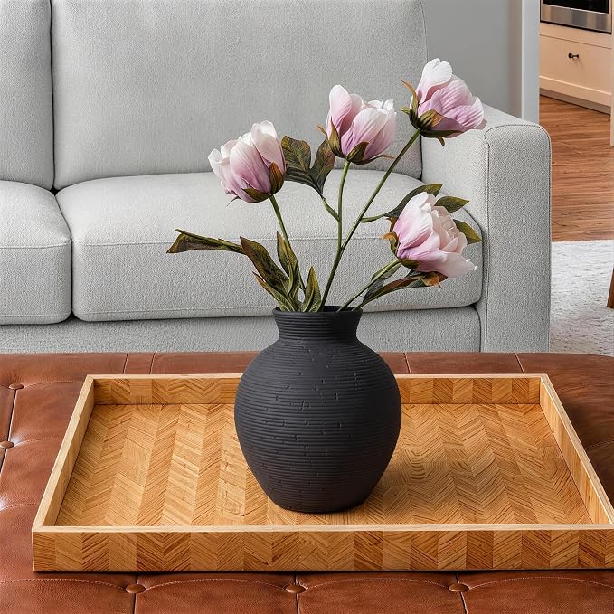 Ceramic Flower Vase Home Decor, 6 in Farmhouse Table Black Vases Rustic Vintage Living Room Kitchen Bedroom Decorations Pottery Decorative Vase for House Book Shelf Office Coffee Desk Dining Fireplace