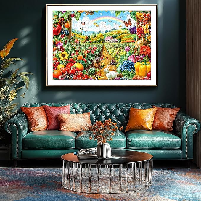 Garden Paradise 1000 Piece Jigsaw Puzzle for Adults, Colorful Countryside Landscape with Rainbow, House, Sunflowers, Rabbits & Butterflies Challenging Puzzle for Adults Fun Family Game Night Gift