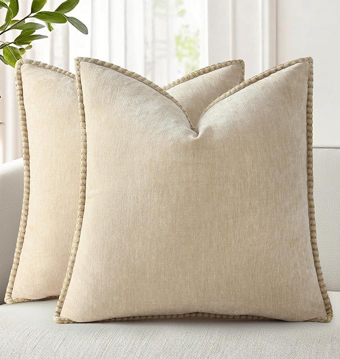 decorUhome Soft Chenille Throw Pillow Covers 26x26 Set of 2 Beige | Fall Textured Decorative Throw Pillow Cases Stitched Edge Modern Farmhouse Luxury Boho Velvet for Couch Sofa Bed Home Decor