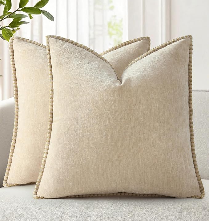 decorUhome Soft Chenille Throw Pillow Covers 22x22 Set of 2 Beige | Fall Textured Decorative Throw Pillow Cases Stitched Edge Modern Farmhouse Luxury Boho Velvet for Couch Sofa Bed Home Decor