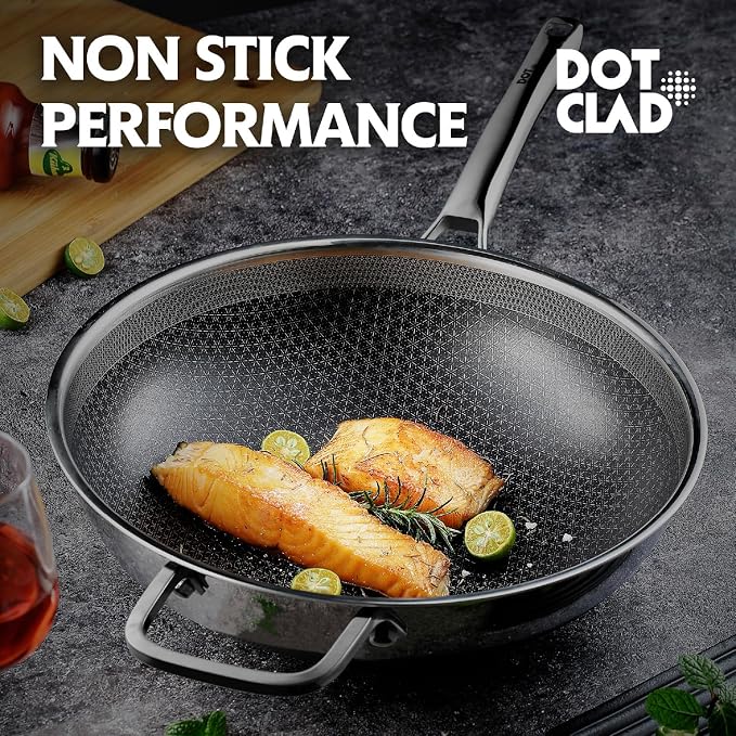 DOTCLAD Wok pan,Hybrid 13 inch Wok with Lid, PFOA Free Cookware,non stick Stainless Steel Woks & Stir-fry pans Nonstick, Dishwasher and Oven Safe, Works on Induction