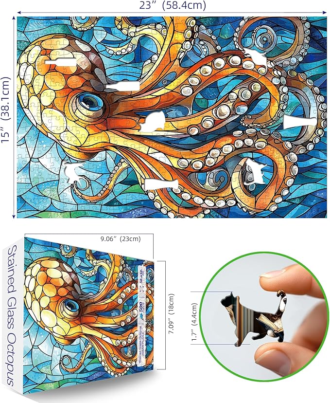 Stained Glass Octopus 500 Piece Puzzles for Adults Clearance, Beautiful Jigsaw Puzzle Art Challenging Art Puzzle for Gifts Party Games Family Fun, 23" X 15" Dust Free