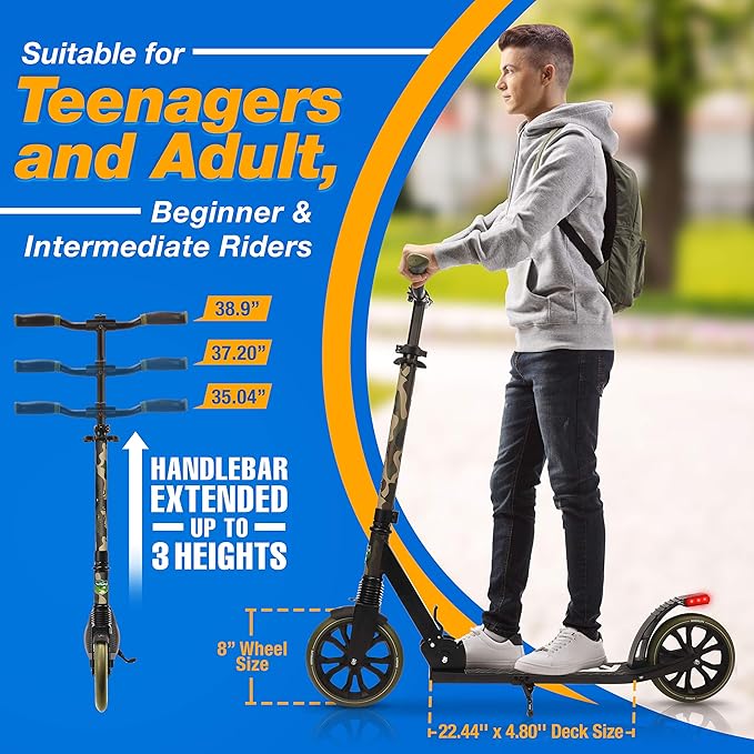 SereneLife Two Wheel Scooter for Teens, Smooth Gliding Kick Scooter for Adults w/Adjustable Height for Ages 8+, Portable All Terrain Scooter w/Carry Straps, Easy to Fold