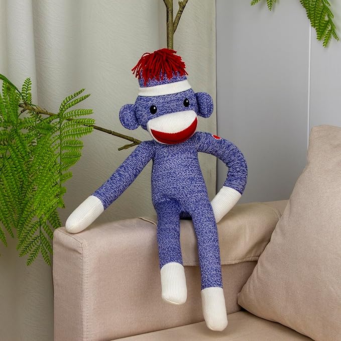 Plushland Adorable Sock Monkey, The Original Traditional Hand Knitted Stuffed Animal Toy Gift-for Kids, Babies, Teens, Girls and Boys Baby Doll Present Puppet 20 Inches (New Blue)