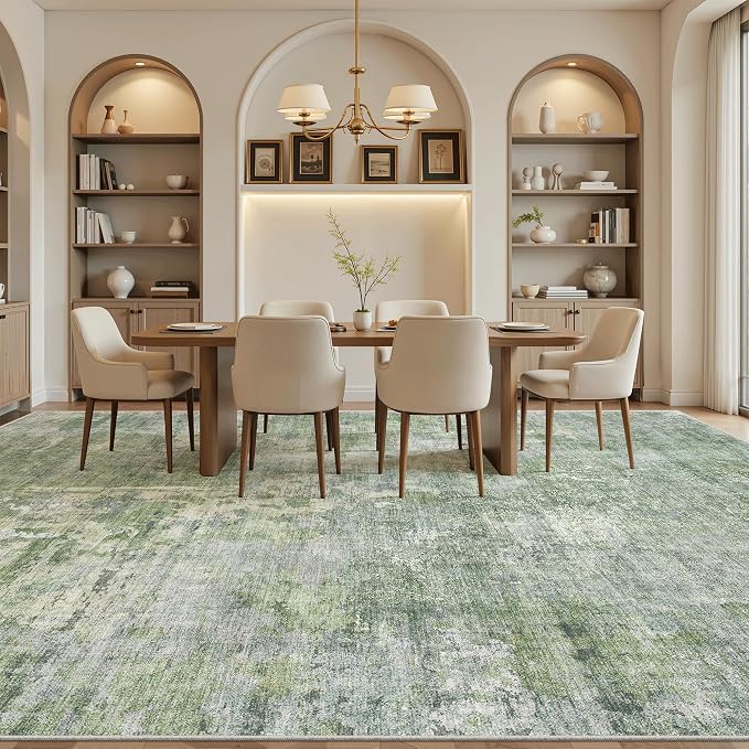 Soalmost 10x14 Area Rugs for Living Room Washable Rug Abstract Green/Ivory | Non-Slip Large Modern Carpet for Dining Bedroom, Soft Low Pile Lightweight Foldable Floor Mat Nursery Home Office Decor