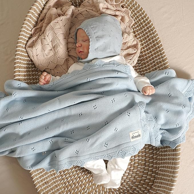 mimixiong Cotton Baby Blanket Knitted Crochet Receiving Crib Nursery Swaddling Blankets for Newborn Baby Boy Girl 30x40 Inch (LightBlue)