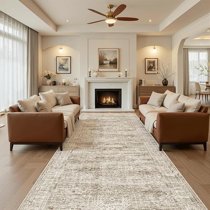 Soalmost Washable 4x12 Hallway Runner Rug Non-Slip Kitchen Entry Rugs Brown | Vintage Wide Runners for Living Dining Room Entryway, Stain Resistant Low-Pile Long Floor Carpet 12ft for Nursery Bedroom