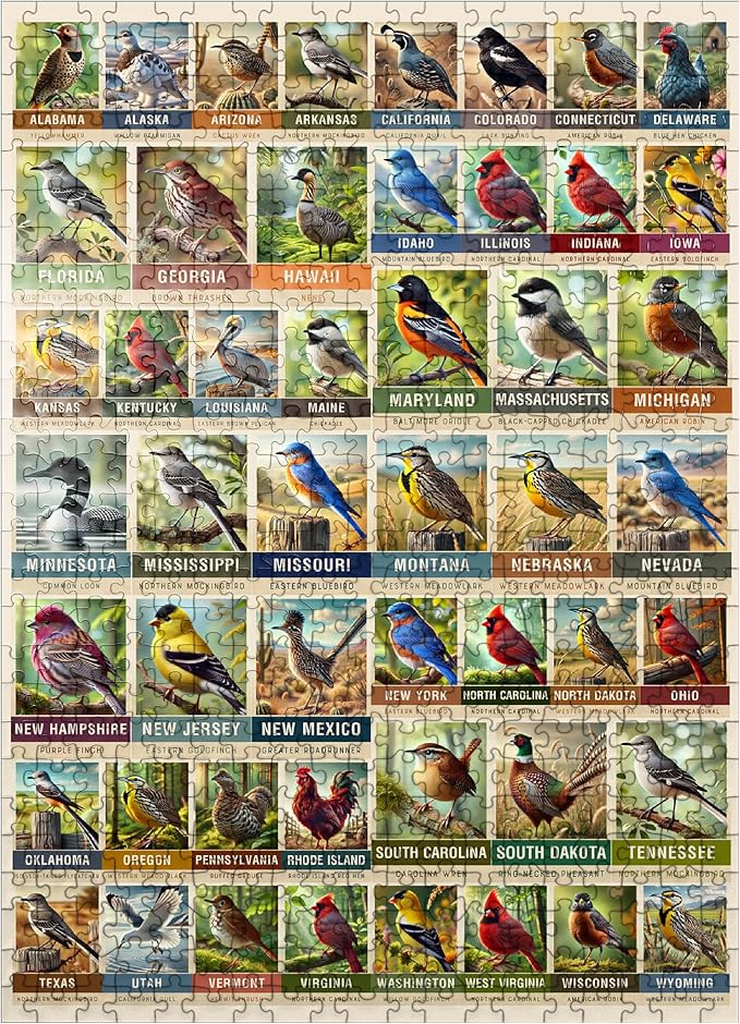 MyPuzzle State Birds Series: 50 State Birds Collage, Vol.1 - Premium 500 Piece Jigsaw Puzzle for Adults