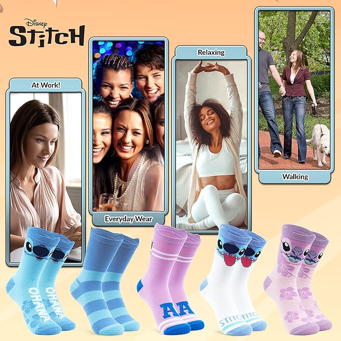 Disney Stitch Socks Gifts for Women Teens, US Size 4-9, Baby Yoda Pack of 5 Fuzzy Casual Crew Socks for Home Sleep Winter