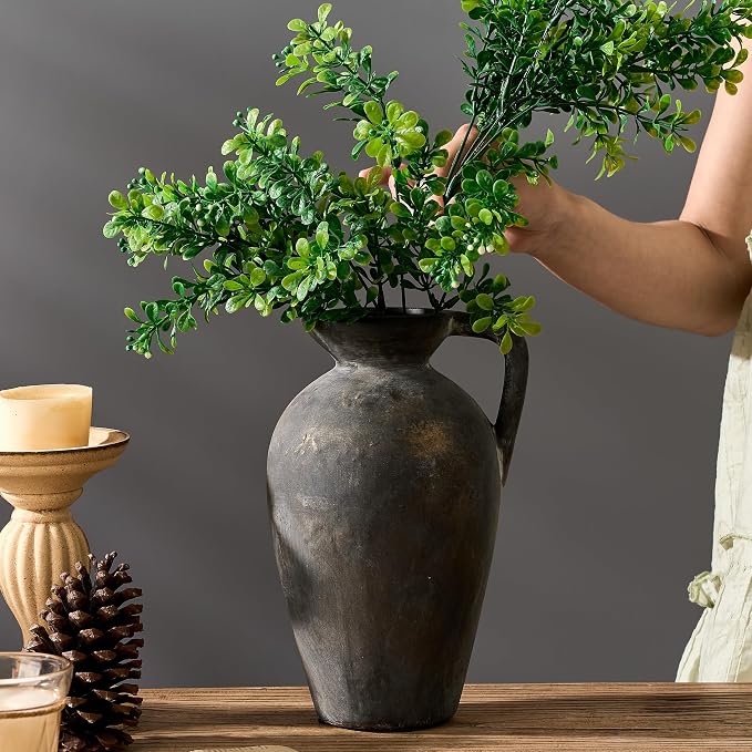 PORCER Antique Rustic Ceramic Vase, 9.3 Inch Tall Large Terracotta Vase with Handle, Vintage Farmhouse Pottery Vase for Home Decor, Living Room, Entryway, Wedding, Thanksgiving - Black Bronze