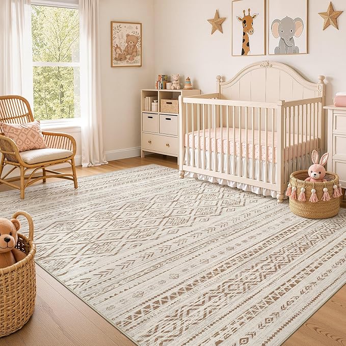 Nakagishi Area Rug Living Room Rugs: 6x9 Large Soft Machine Washable Boho Moroccan FarmNeutral Stain Resistant Indoor Floor Carpet for Bedroom Under Dining Table Home Office Decor-Brown