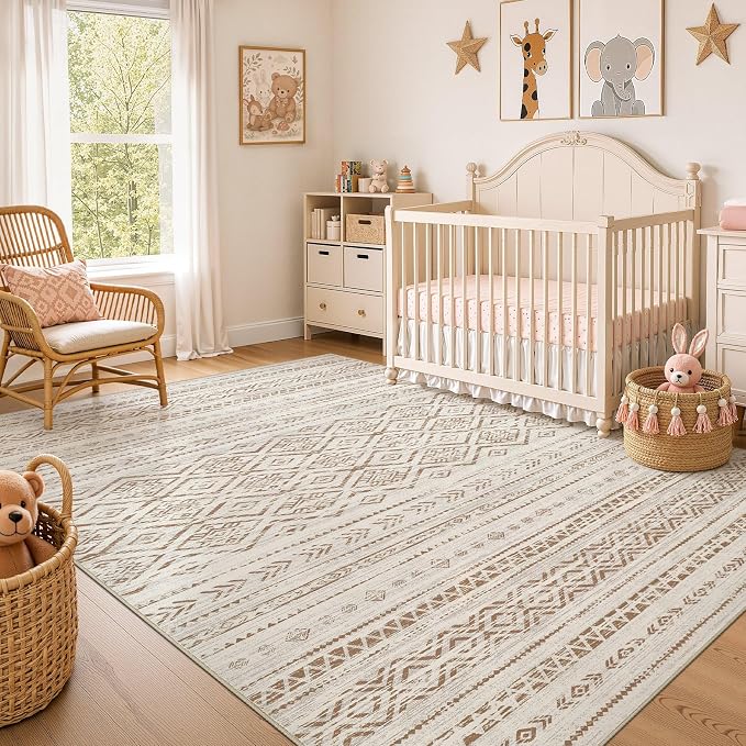 Nakagishi Area Rug Living Room Rugs: 10x14 Large Soft Machine Washable Boho Moroccan FarmNeutral Stain Resistant Indoor Floor Carpet for Bedroom Under Dining Table Home Office Decor-Brown
