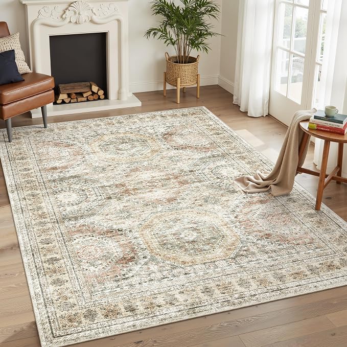Soalmost 6x9 Area Rug for Living Room Washable Rugs Non-Slip Brown/Pink | Low-Pile Vintage Carpet for Dining Bedroom, Foldable Thin Stain Resistant Floor Mat Under Table Home Office Nursery Decor