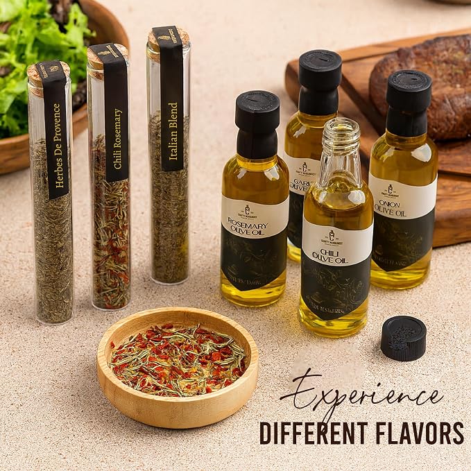 Infused Olive Oil Gift Set – Variety Pack - 4 Flavored Olive Oil Extra Virgin, 3 Spice Flavorful Infusion Blends, Bread Dipping Bowl & Recipe Booklet - Set of 8 – Gourmet Cooking Gifts for Women - Gift For Dad