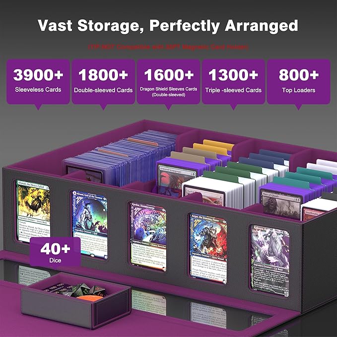 Kabinka Trading Card Storage Box with Handle & Mechanical Latch,5-Row 3900+ Commander MTG Card Case with Sealed Window,Top Loaders Organizer Deck Box for MTG/TCG/PTCG/Sports Cards (Black Purple)