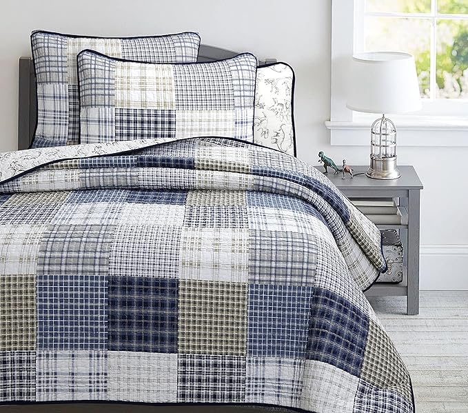 Cozy Line Home Fashions Benjamin Cute Dinosaur Plaid Navy Blue White Grey Bedding Quilt Set 100% Cotton Reversible Coverlet Bedspread Set for Kids Boy (Queen - 3 Piece)