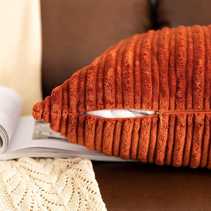 UGASA Fall Decor Super Soft Striped Corduroy Pillow Covers Large Throw Pillow Sham Cushion Cover Living Room, 1 Pc, 24" x 24" (Pack of 1) (61cm), Burnt Brick