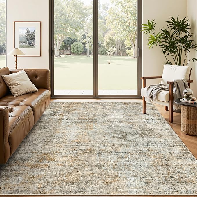 Soalmost Abstract Area Rug 6x9 for Living Room Washable Rugs Orange/Brown | Non-Slip Low-Pile Carpet for Dining Bedroom, Foldable Thin Vintage Stain Resistant Floor Mat Under Table Home Office Nursery