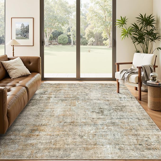 Soalmost Abstract Rug 5x7 Washable Area Rugs for Living Room, Orange/Brown | Vintage Non-Slip Indoor Accent for Bedroom Dining, Foldable Stain Resistant Floor Carpet Mat Under Table Home Office Decor