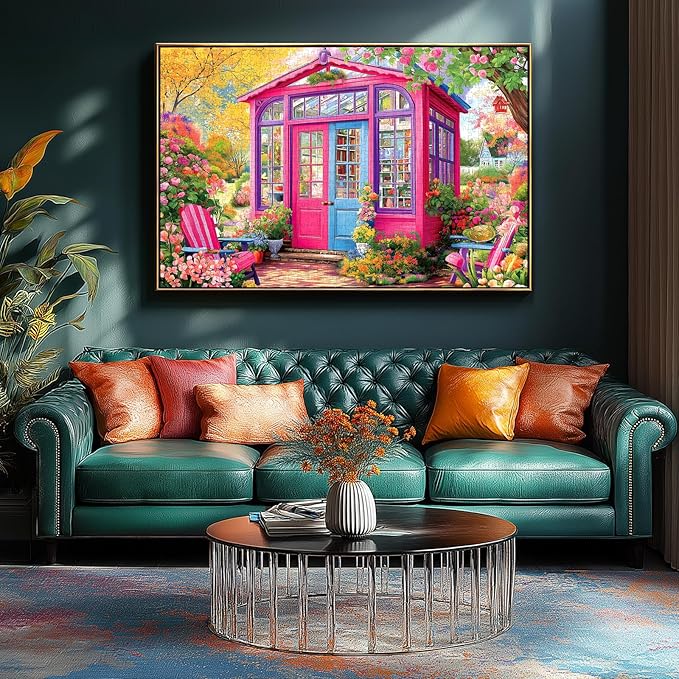 500 Piece Jigsaw Puzzle for Adults - Whimsical Pink Greenhouse Garden with Unique Cat Shapes, 23x15 Inch Pretty Art Puzzle for Relaxation