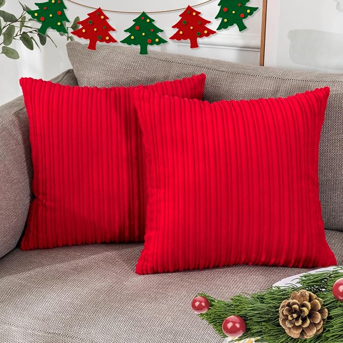 UGASA Super Soft Flannel Pillow Covers Christmas Decor Striped Practical Classic for Sofa/Bedroom, 2 Pcs, 18x18 Inch, Red