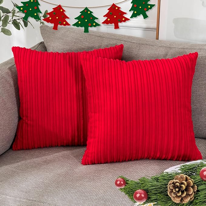 UGASA Nordic Solid Striped Velvet Pillow Covers Christmas Decor Simple Modern Sofa Cushion Cover Bed Velvet Square Pillowcase, 2 Pc, 20"x20",Red