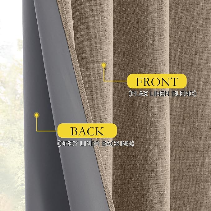 NICETOWN 100% Blackout Linen Curtains 84 inches Long 2 Panels, Thermal Insulated Curtains with Liners for Bedroom, Farmhouse Style Privacy Window Draperies for Living Room, Burlap, W42 per Panel