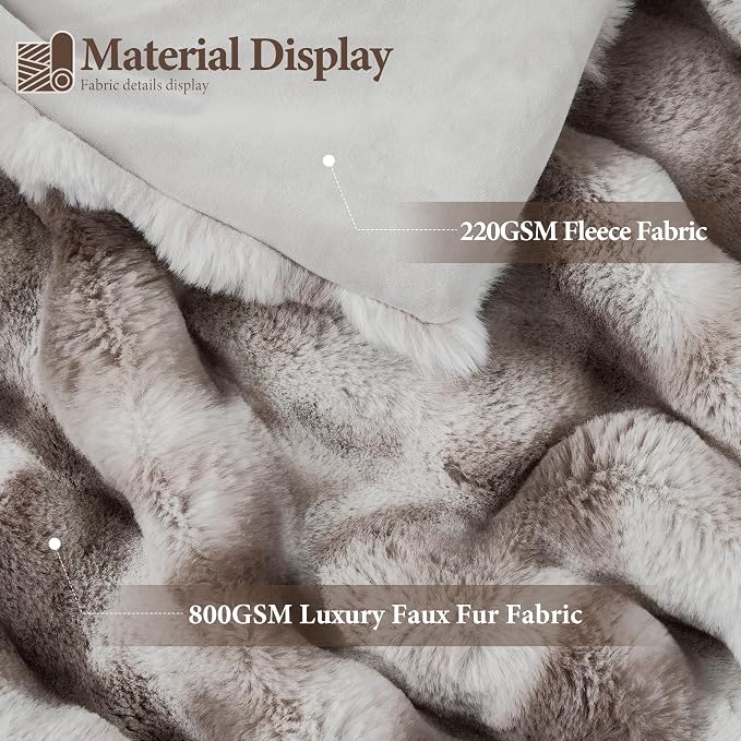 Luxury 1000GSM Faux Rabbit Fur Throw Blanket, Super Heavy Warm Cozy Brown Blankets for Couch Bed Sofa, Ruched Plush Fuzzy Elegant Soft Reversible Mink Blanket for Living Room Bedroom