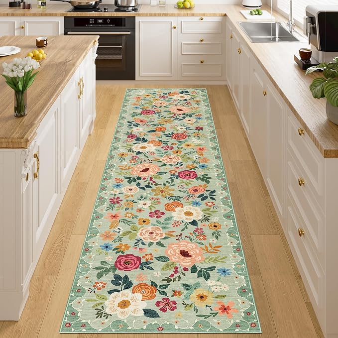 DUKINO 2x8 Runner Rug, Washable Runner Rug for Kitchen Non Slip, Green | Low Pile, Floral, Soft Indoor Rug for Hallway, Entryway, Bedroom, Bathroom, Pet Friendly, Stain Resistant, Modern Home Decor