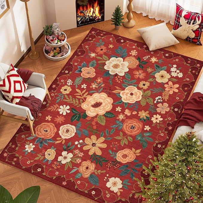 DUKINO 6x9 Area Rugs, Floral Washable Rug for Bedroom Non Slip, Red | Soft, Low Pile, Large Indoor Rug for Living Room, Dining Room, Kids Room, Office, Pet Friendly, Home Decor, Stain Resistant