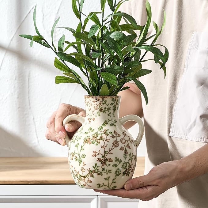 SIDUCAL Ceramic Green and Beige Retro Vase with Handles, 7 Inch Ice Cracked Vintage Pastoral Vase, Rustic Farmhouse Vases for Home Decor, Table, Living Room, Shelf Decor, Chinoiserie Decor