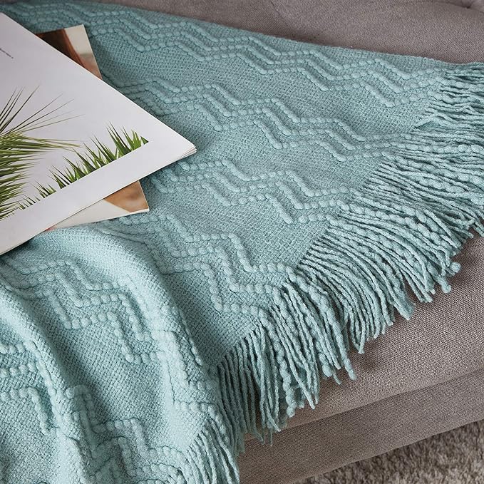 BOURINA Aqua Throw Blanket 50x60 Inch Boho Knitted Soft Throw Sofa Blanket | Knitted Throw Blanket 50x60 Inches, Soft Lightweight Boho Weave Throw Decorative Couch Blanket for Living Room Bedroom Chair