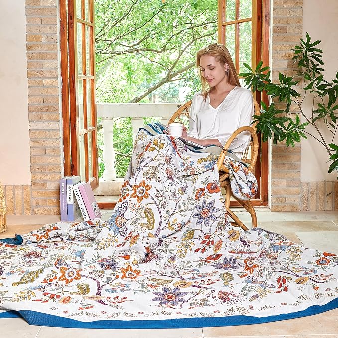 VANJOROY Boho Throw Blanket, 100% Organic Cotton Breathable Skin-Friendly Ultra Soft Bed Quilt Throw - All Season Floral Farmhouse Décor Luxury Blanket for Sofa Couch Chair and Gift. 91" x 98"