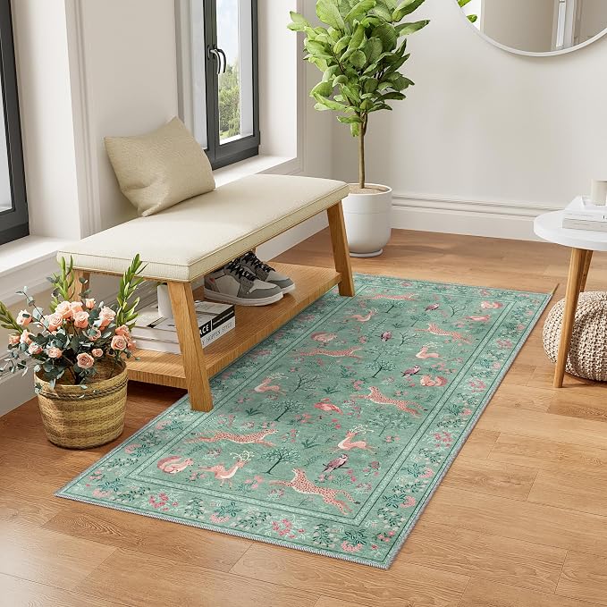 DUKINO 2x4 Rug for Entryway, Animal Washable Runner Rug for Kitchen, Teal | Non Slip, Low Pile, Stain Resistant Thin Indoor Carpet for Hallway, Bedroom, Bathroom, Laundry, Pet Friendly, Non-Shedding