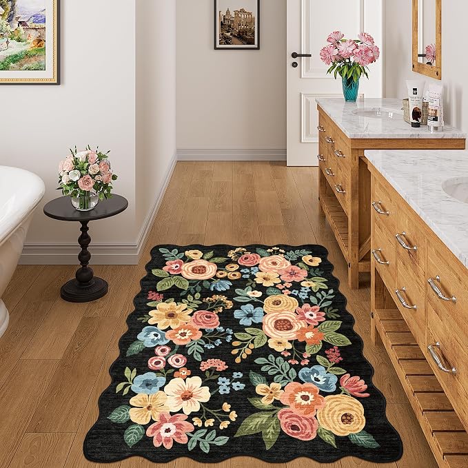 DUKINO 3x4 Rug, Non Slip Floral Washable Area Rug for Entryway, Black | Soft, Low Pile, Non-Shedding Indoor Throw Rugs for Kitchen, Hallway, Bedroom, Bathroom, Laundry, Pet Friendly, Home Decor